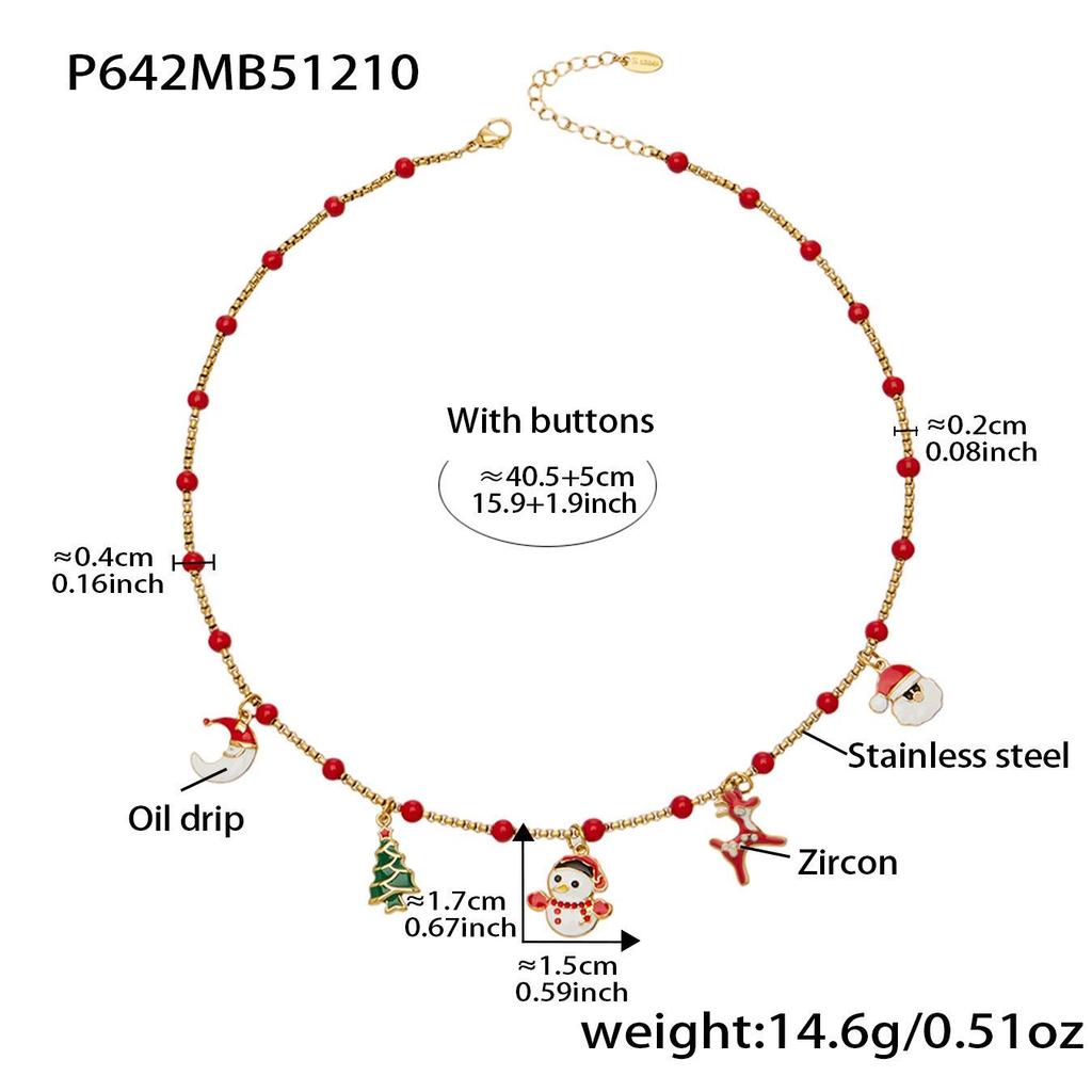 Santa Claus Stainless Steel Pendant Necklace with Drip Oil Beads for Women – European & American Christmas Style