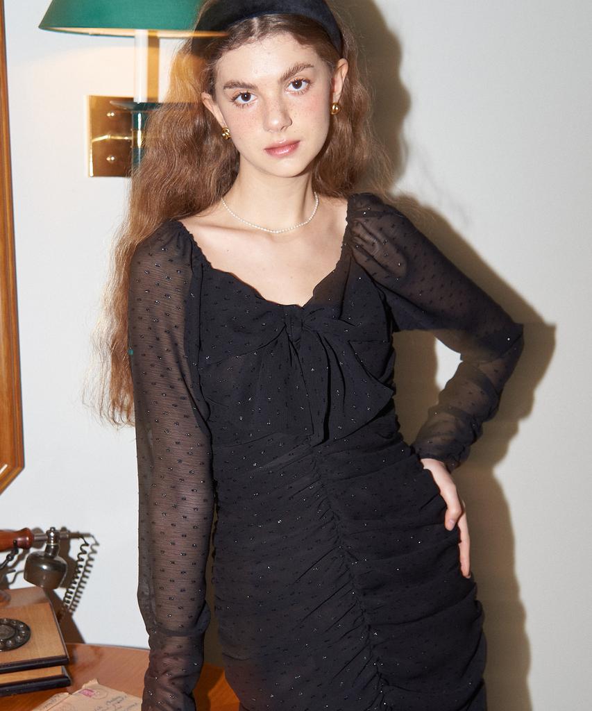 Salon De Yon Ribbon Point Shirring Dress_ Black
