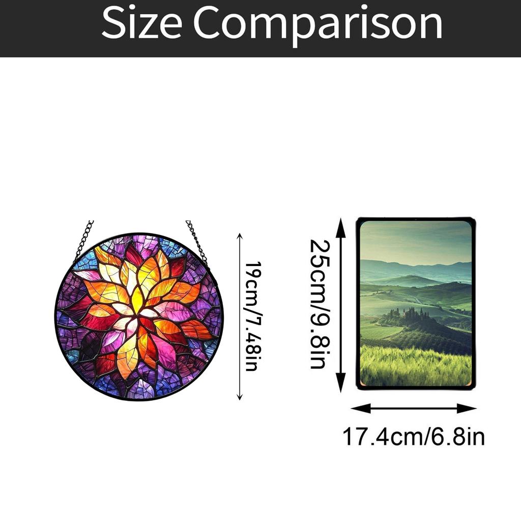 Round Stained Glass Window Hanging Decorative Panel with Floral Pattern and Metal Frame for Home Indoor Outdoor Use