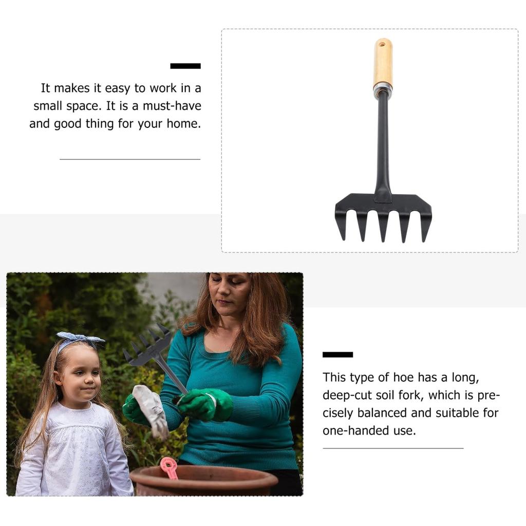 Lurrose 32cm Mini Iron Garden Rake with 5 for Loosening Soil and Mixing Gardening Hand Tool Teeth, Fertilizer,