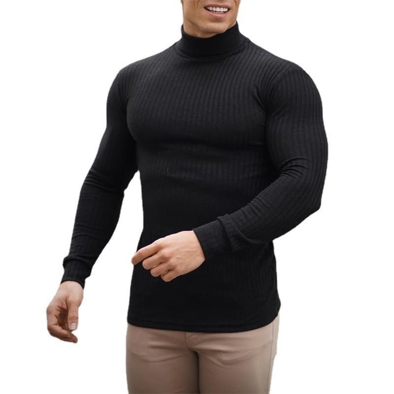 Muscleguys Mens Running T-shirts Autumn Thin Knitted Ribbed Roll Neck Jumper Sports Sweaters Strip Slim Fit Gym Fitness Pullover T Shirts