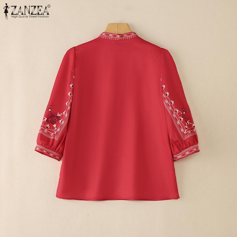 ZANZEA Women Casual Stand Collar Loose 3/4 Sleeve Print Blouse