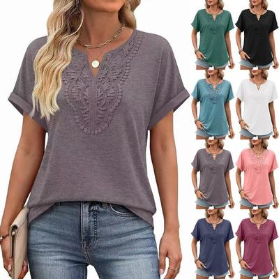 Women Solid Color V Neck Lace Trim Loose Short Sleeve T Shirt Top