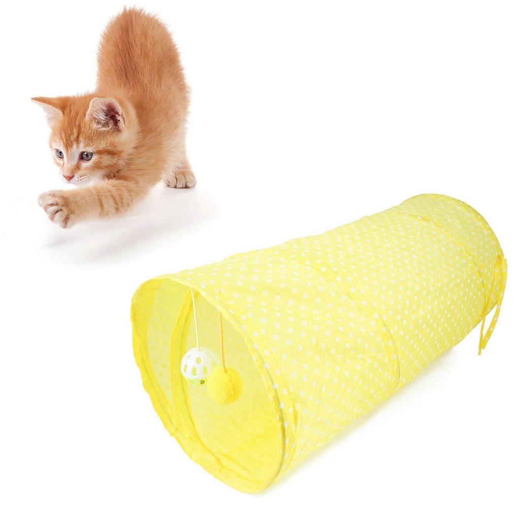 SCSYV Cat Tunnel Toy Collapsible Interactive Safe Dot Pattern Hideout Kitten Tube Toy for Puppy Yellow
