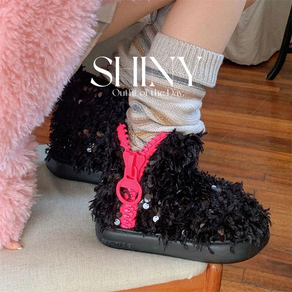 Fashion 2025 Winter Women Luxury Long Plush Warm Snow Boots Casual Shoes New Fur Feather Sequins Designer Ankle Boots Ladies Thick Shoes