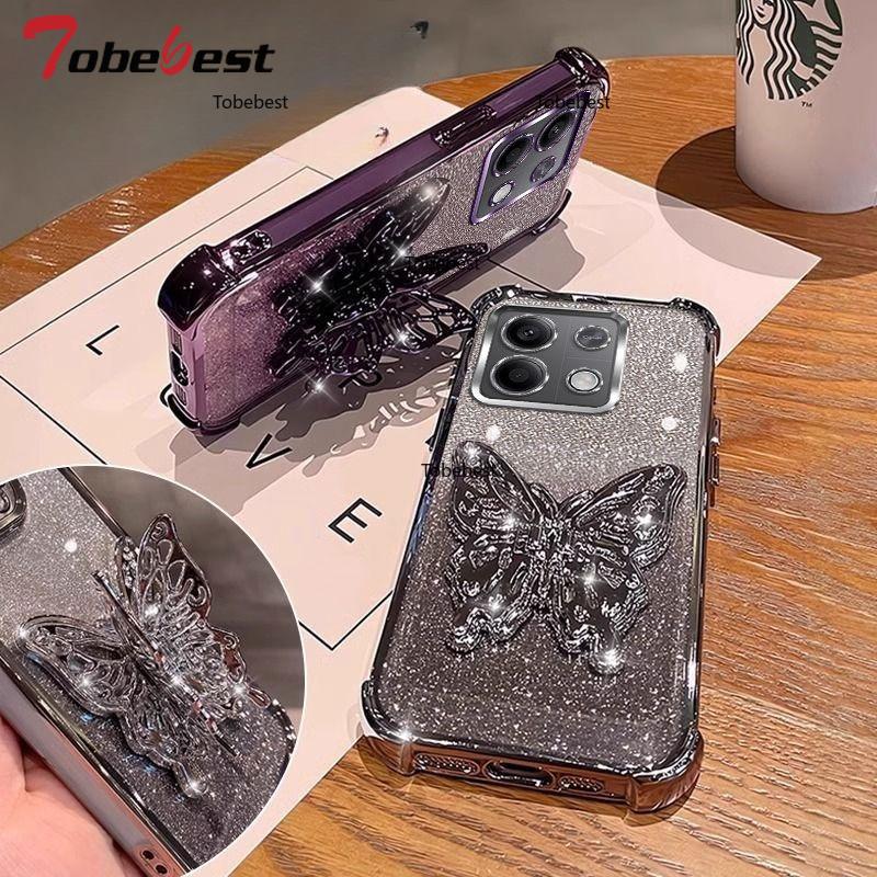 Shockproof Glitter Plating Case for Xiaomi Redmi Note 13 Pro Plus 13C 4G 5G 3D Butterfly Phone Holder Bead bracelet Back Cover