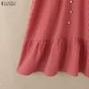 ZANZEA Women Casual V-Neck Short Sleeve Grid Print Dress