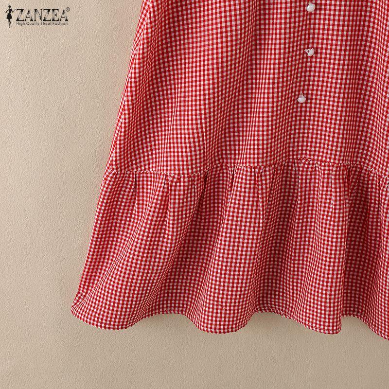 ZANZEA Women Casual V-Neck Short Sleeve Grid Print Dress