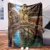 A Small Canal with Boats And Flowers On The Side - Themed Blanket - Comfortable Flannel Fabric Hypoallergenic Suitable for All Sea