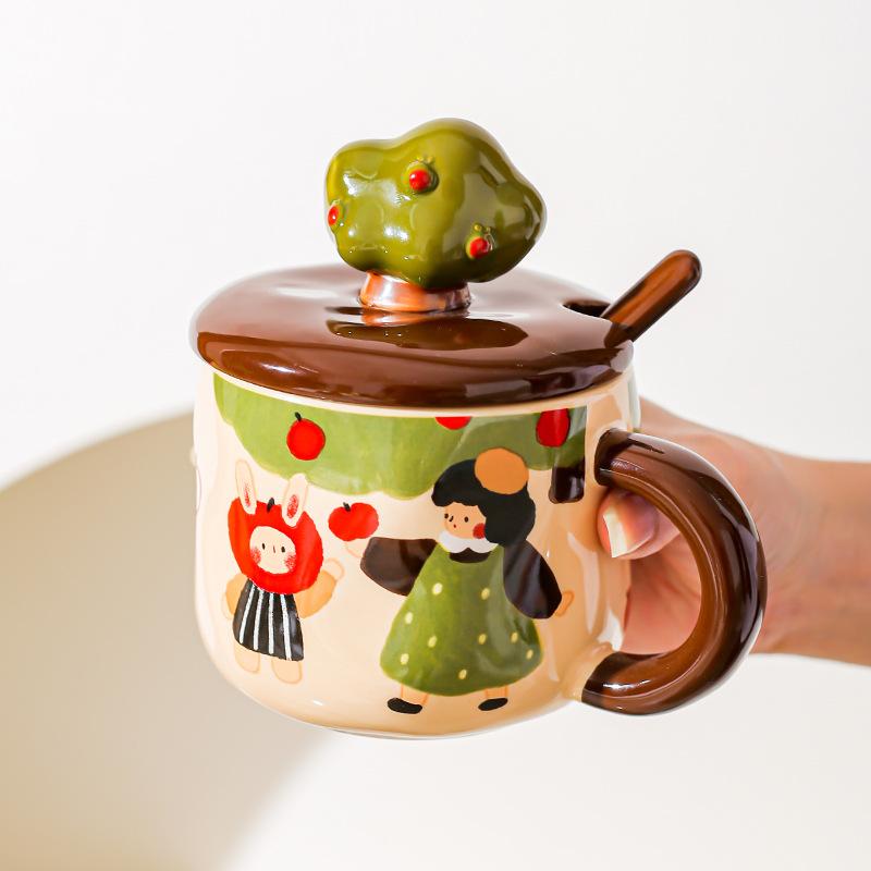 Apple Tree Girl Ceramic Vintage High Value With Lid Spoon Office Water Cup Coffee Cup Breakfast Cup