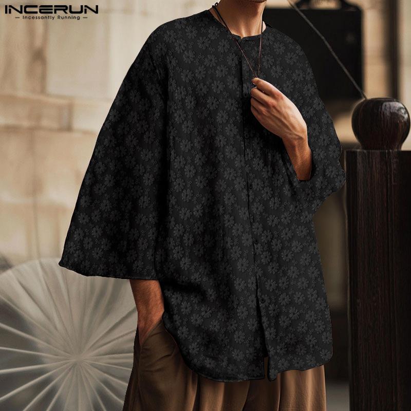 INCERUN Oversized Men Collarless 3/4 Sleeve Flowers Texture Casual Tunic Tops Shirts