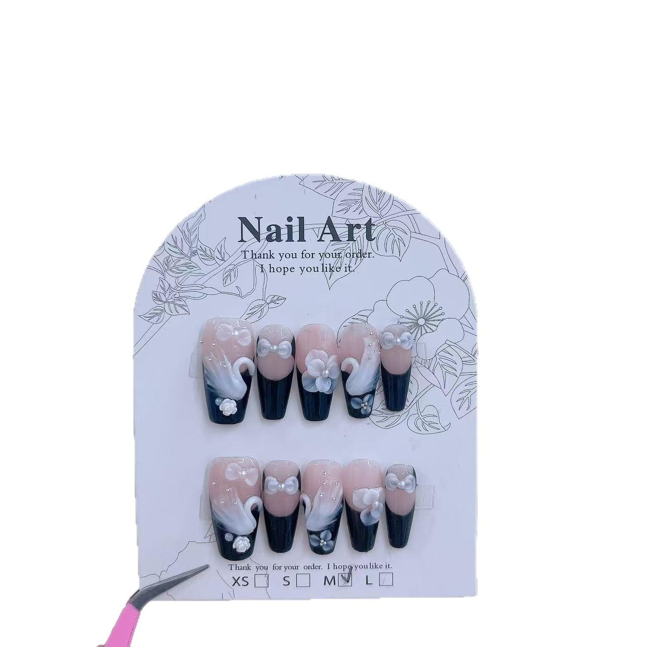 Jia Zhi Mu 3D White Swan French Tip Medium Ladder False Nails Extra Small