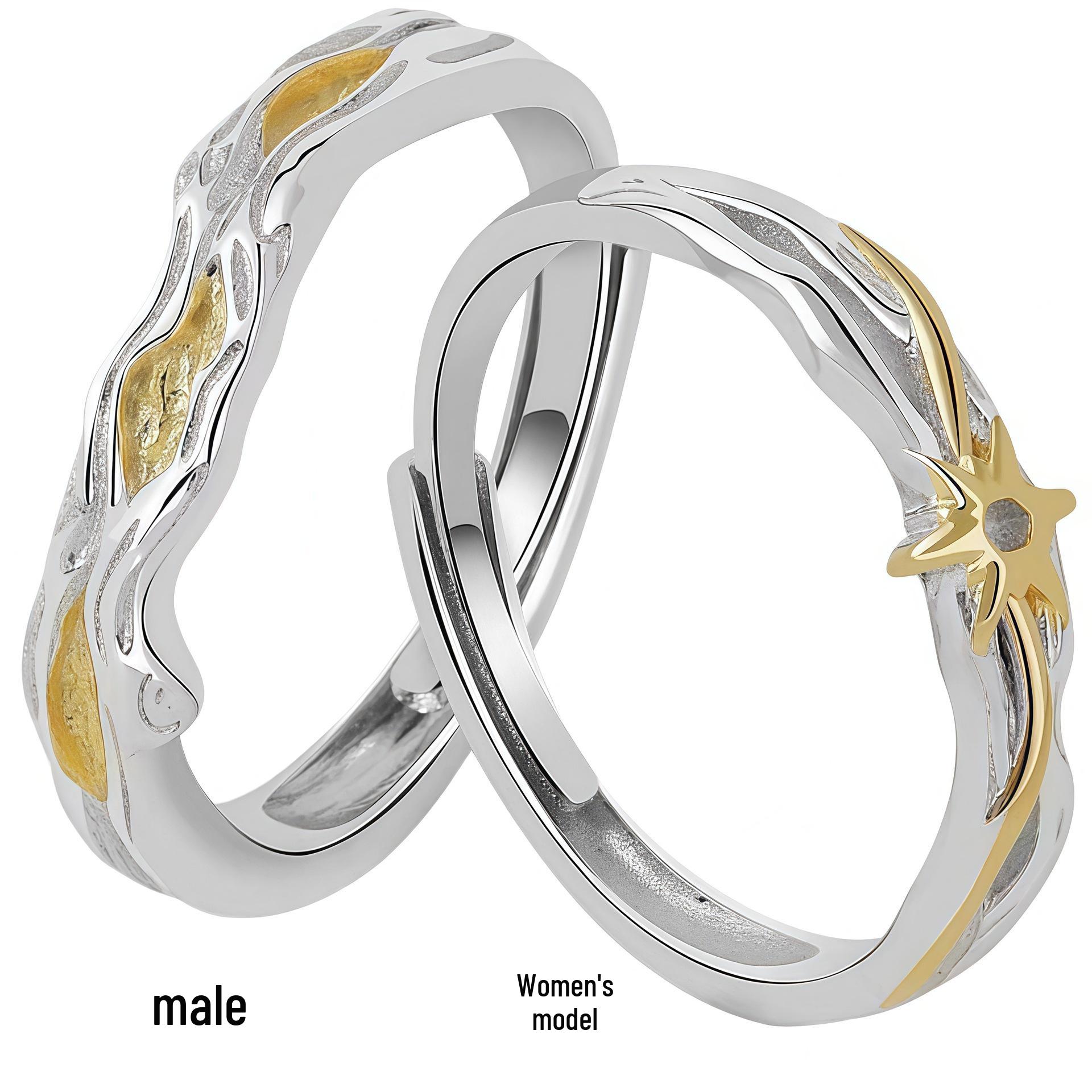 S999 Sterling Silver Tree & Sun Couple Rings - Elegant Niche Design for Women & Men Anniversary Gift Adjustable