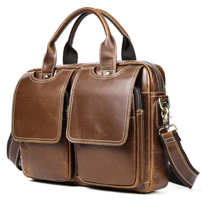 Fashion European and American Retro Style Men's Shoulder Bag Top-Grain Leather Business Briefcase Multi-Pocket Genuine Leather Men's Crossbody Bag