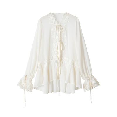 2026 Streetwear Lace Patchwork Loose Fit Long Sleeve Shirt Women - Round Neck Button Front Casual Top