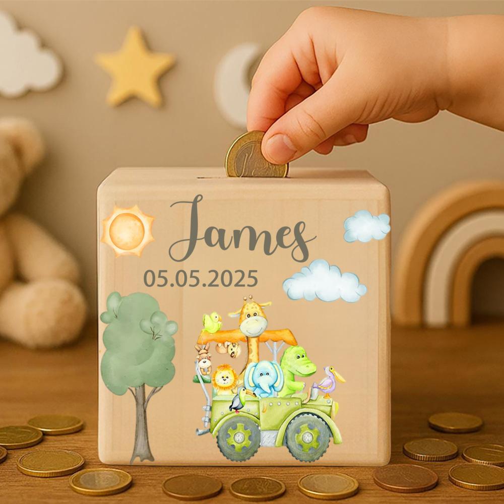 

Персонализированная деревянная копилка, Подарок на зачисление в школу, Копилка с индивидуальным именем, Деревянная копилка-куб с животным, Подарок на день рождения