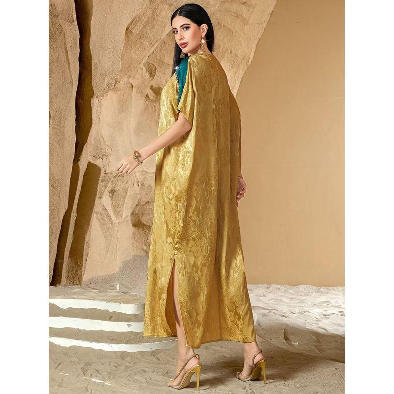 Middle East V-neck Handmade Beads Contrast Color Satin Stereo Jacquard Dress Handmade Beaded Dress