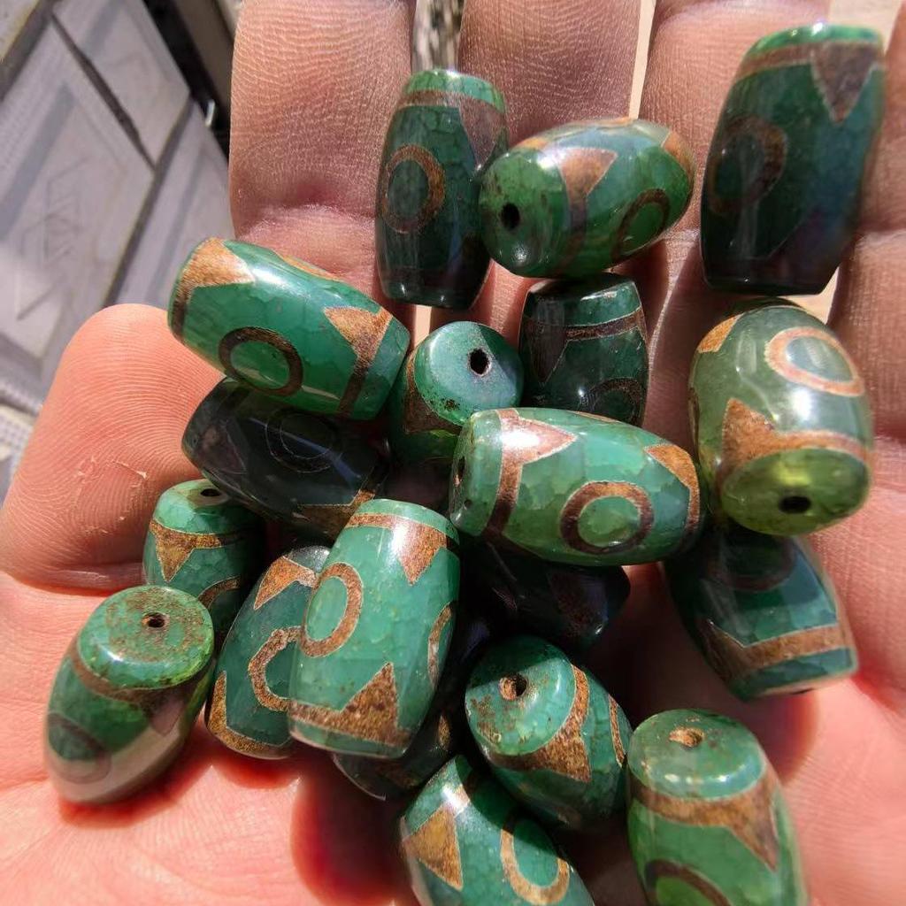Natural Agate Tibetan Green Three-Eyed Dzi Beads, 15×22mm Barley Offering, Loose Jewelry Accessory