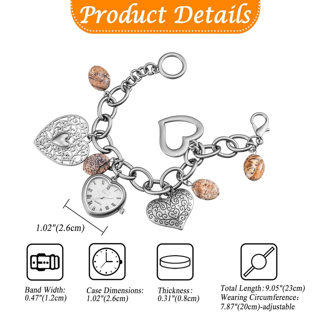 Cute Women's Watch with Chain Bracelet: Stylish Analog Display Heart Natural Stone Quartz Watch In Silver - Perfect Gift for Birthdays,