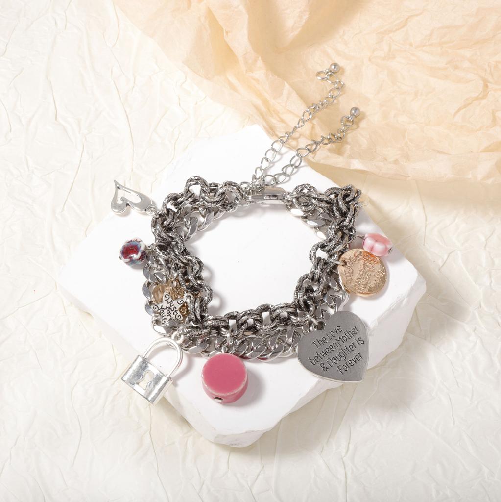 Personalidade tendência vintage fotografia de rua prata antiga corrente liga pingente cadeado do amor pulseira estilo casual versátil