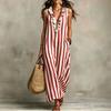 Damen Gestreiftes Baumwoll-Leinen Maxikleid Ärmellos Rüschen V-Ausschnitt Langes Kleid Boho Strand Fließendes Sommerkleid mit Taschen