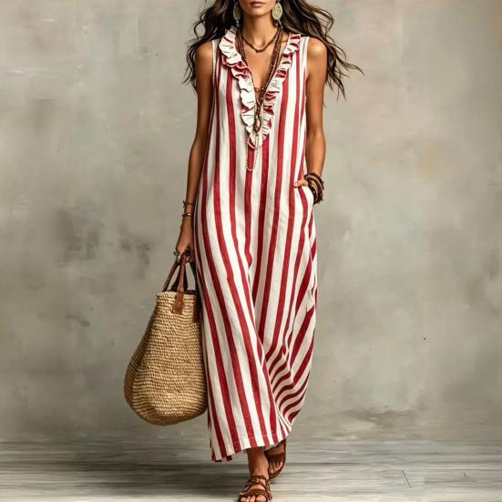Damen Gestreiftes Baumwoll-Leinen Maxikleid Ärmellos Rüschen V-Ausschnitt Langes Kleid Boho Strand Fließendes Sommerkleid mit Taschen