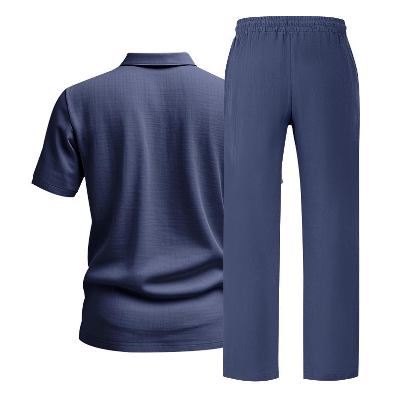 Men's European & American Linen Beach Set: Short-Sleeve Polo Shirt & Long Pants
