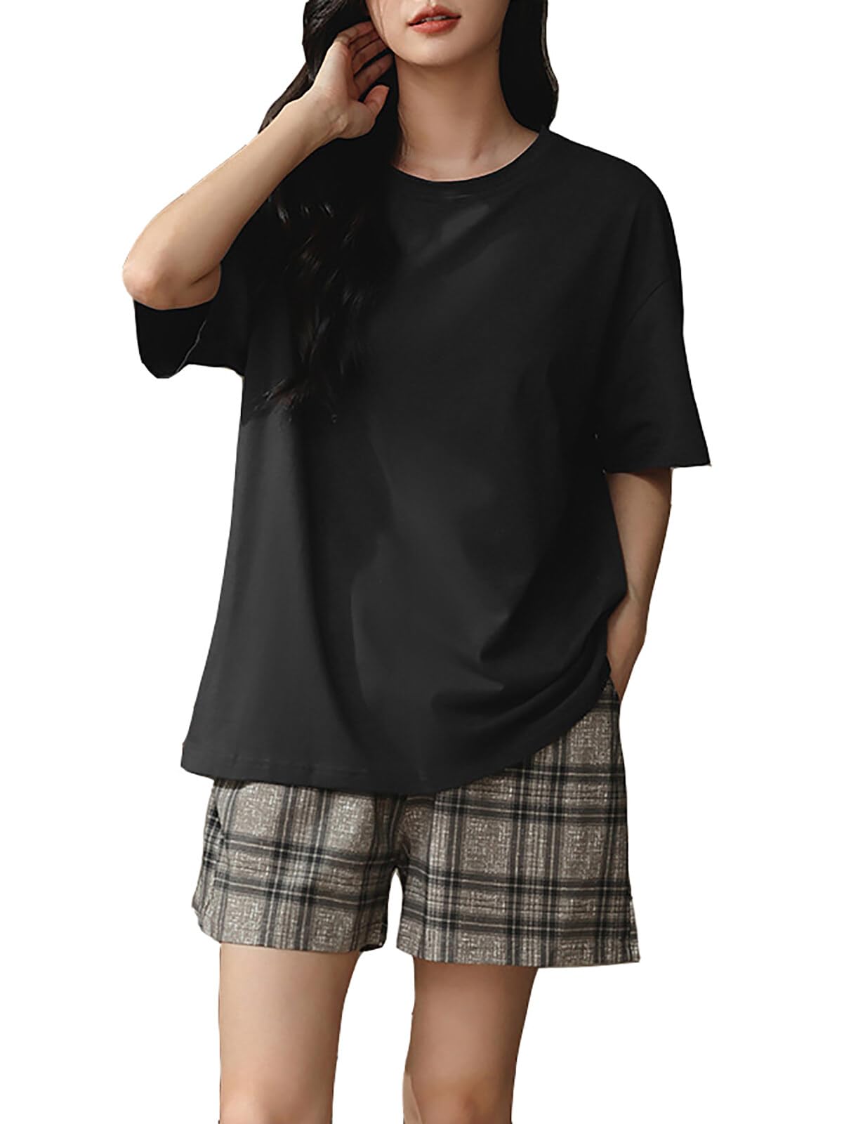 TOWYYO Matching Pajamas, Checkered Pattern, 100% Cotton, Short Sleeves and Shorts Set, Women s and Men s, Loungewear, Loungewear, Loose Fit, Plus Size