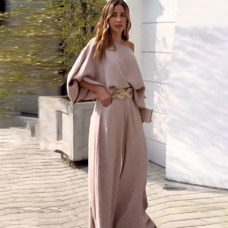 Womens Off Shoulder Long Sleeve Top Wide Leg Pants Set Casual Streetwear 2 Piece Outfit