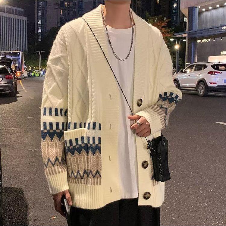 

Men s Retro Japanese Diamond V-Neck Cardigan Sweater - Trendy, Loose, Cool, Casual 2XL брудно-білий
