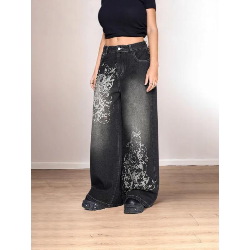 Y2K Gothic Cross Print Loose Jeans Street Hip-hop Retro Men's and Women's Casual Oversized Multifunctional Fashionable Jeans