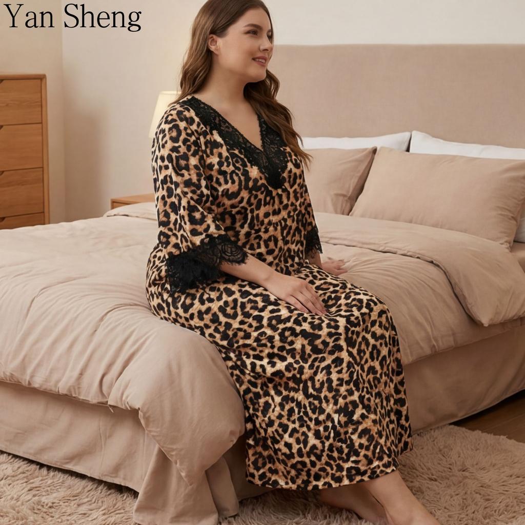 Women Leopard Lace 3/4 Sleeve Nightgown Loose Plus Size Homewear Sexy Knit Pajamas
