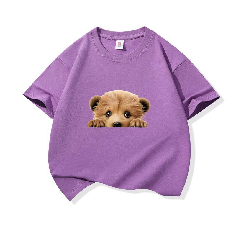 Kids Cotton T Shirt Cute Peeking Bear Cub Print Crew Neck Short Sleeve Tee Casual Breathable Boys Girls Summer Tops