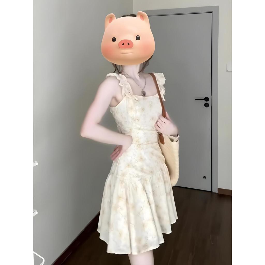 Sweet yellow floral dress women's summer princess dress small waist suspender short dress