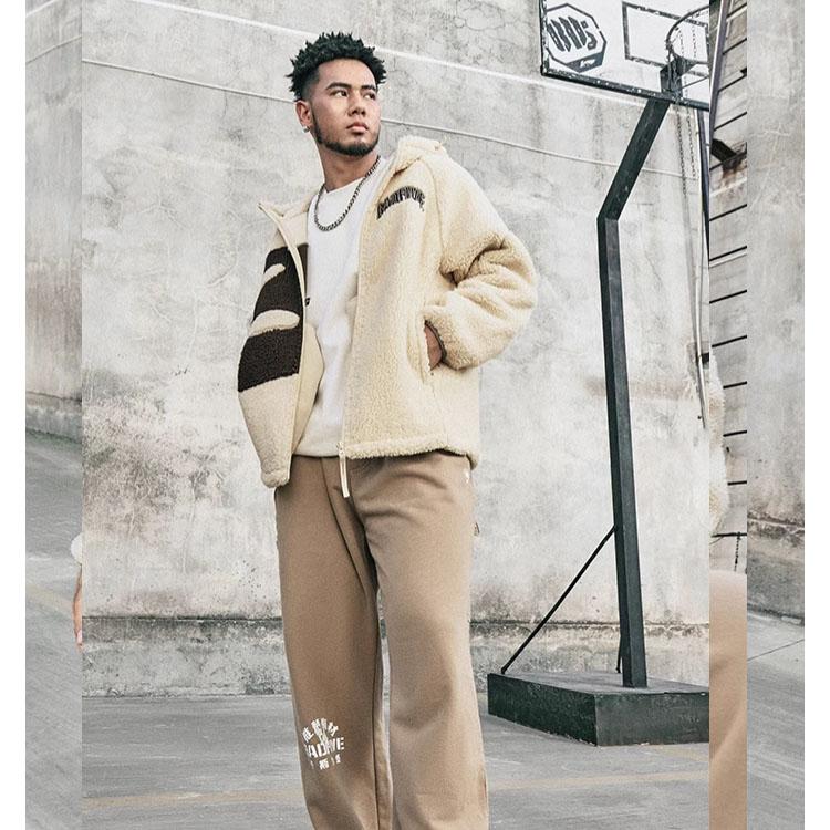 Li Ning Badfive Series Letter Print Hooded Fleece Jacket Men Jacket Fog-Khaki AFDT665-1