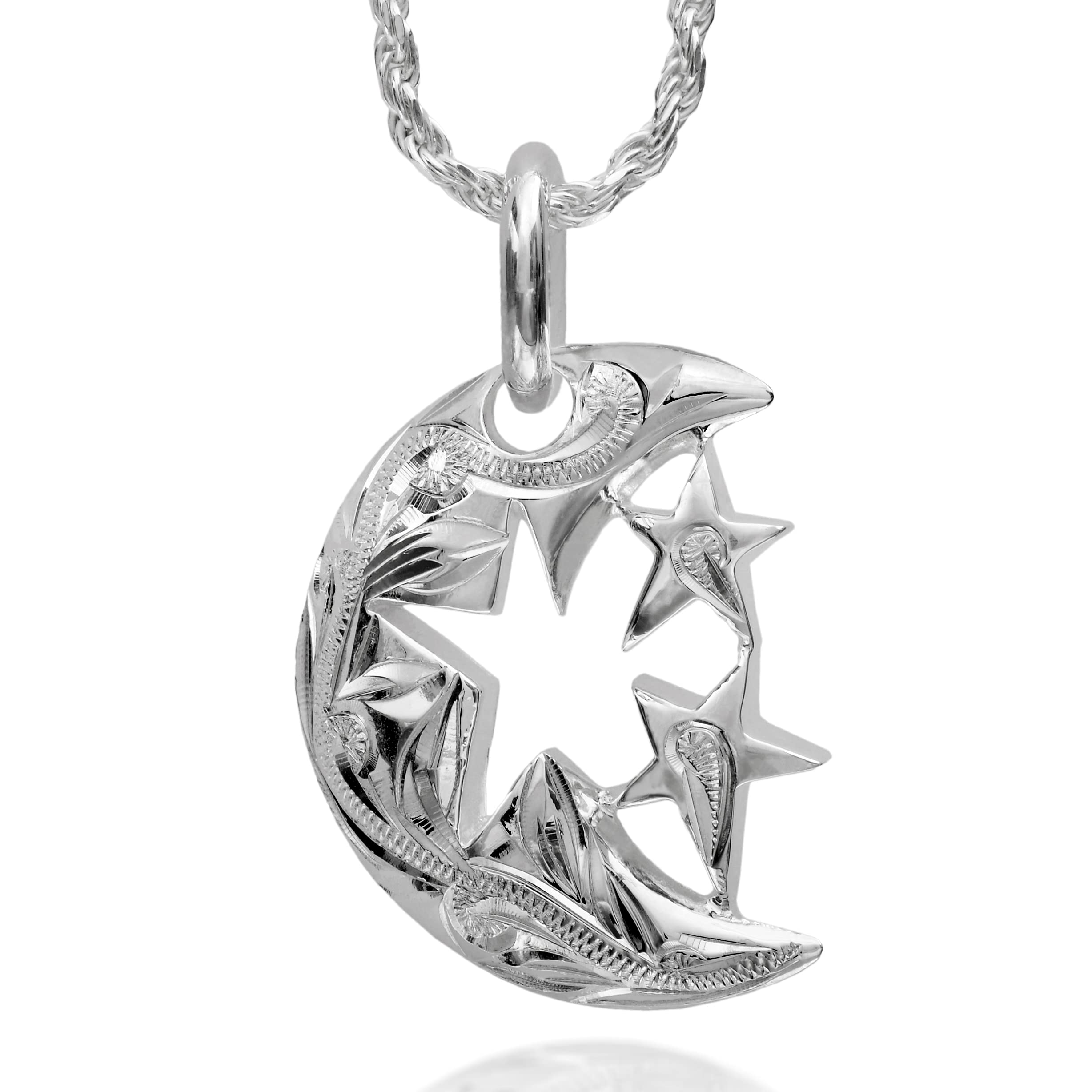 

Hawaiian Jewelry Crescent Moon Star Pendant Necklace Silver 925 with 40cm Rope [Leilani] Men s (Comes Chain) срібний