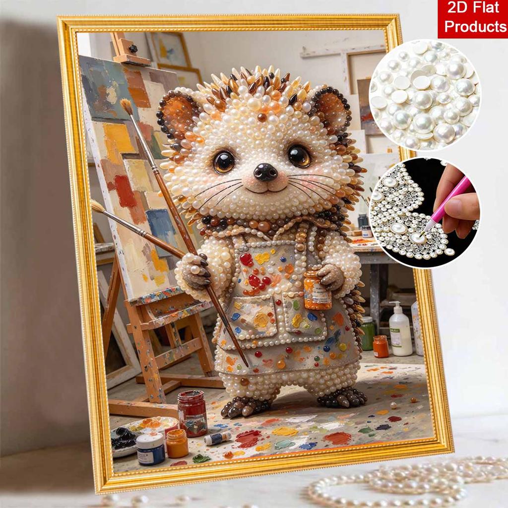 5D Framed Pearl Painting Kit Cute Artist Hedgehog Pattern Sparkling Bead Art Canvas Ready to Display Creative Home Decor Gift