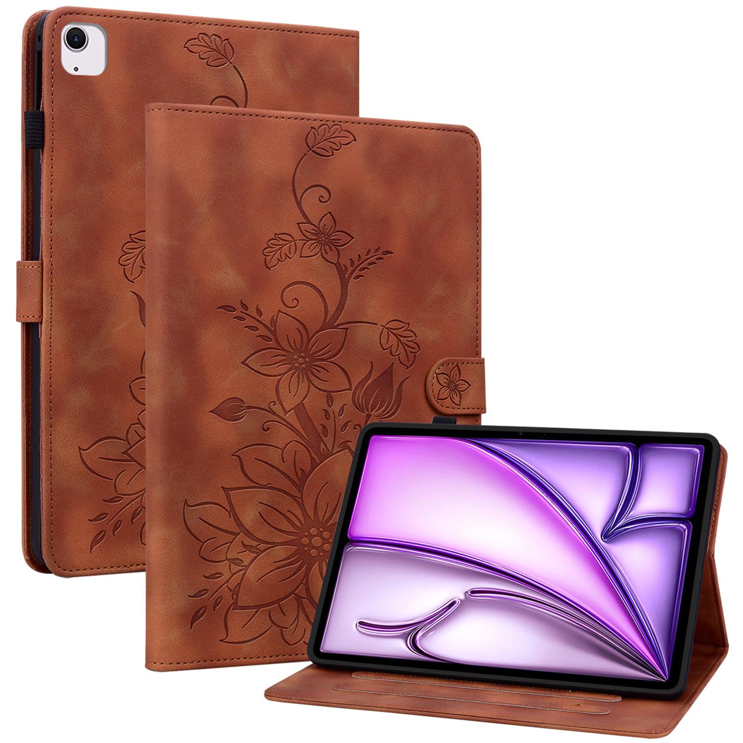 

For iPad Air 11 (2025)/(2024) Case with Card Slots Lily Flower Leather+TPU Full Protection Tablet Cover Brown