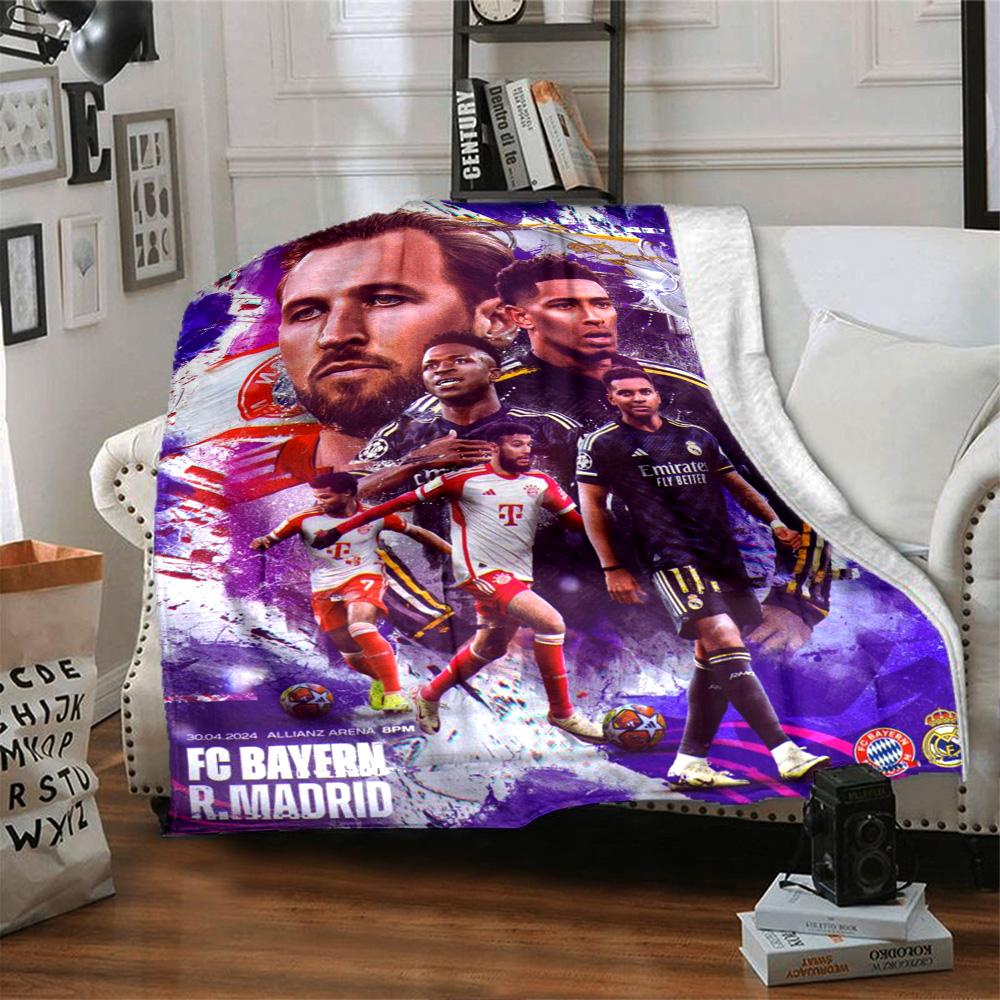 Purple Tone Football Club Match Players Collage Flannel Throw Blanket, Soft Warm Cozy Bed Sofa Cover for Sports Fan