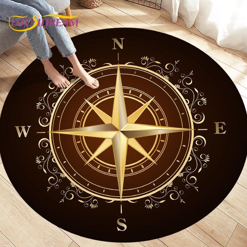 Compass Round Area Rug,Retro British Navy New World Discovery Rug,Carpets for Living Room Bedroom,Kids Play Non-slip Floor Mats