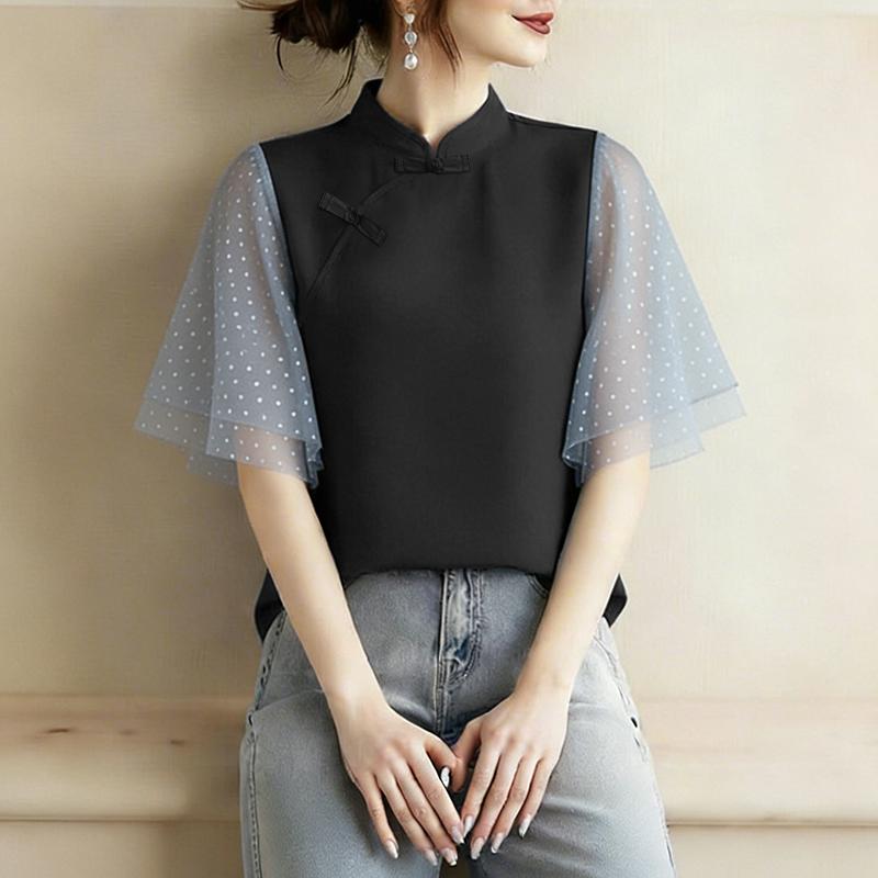 ZANZEA Women Casual Stand Collar Mesh Splice Half Sleeve Blouse