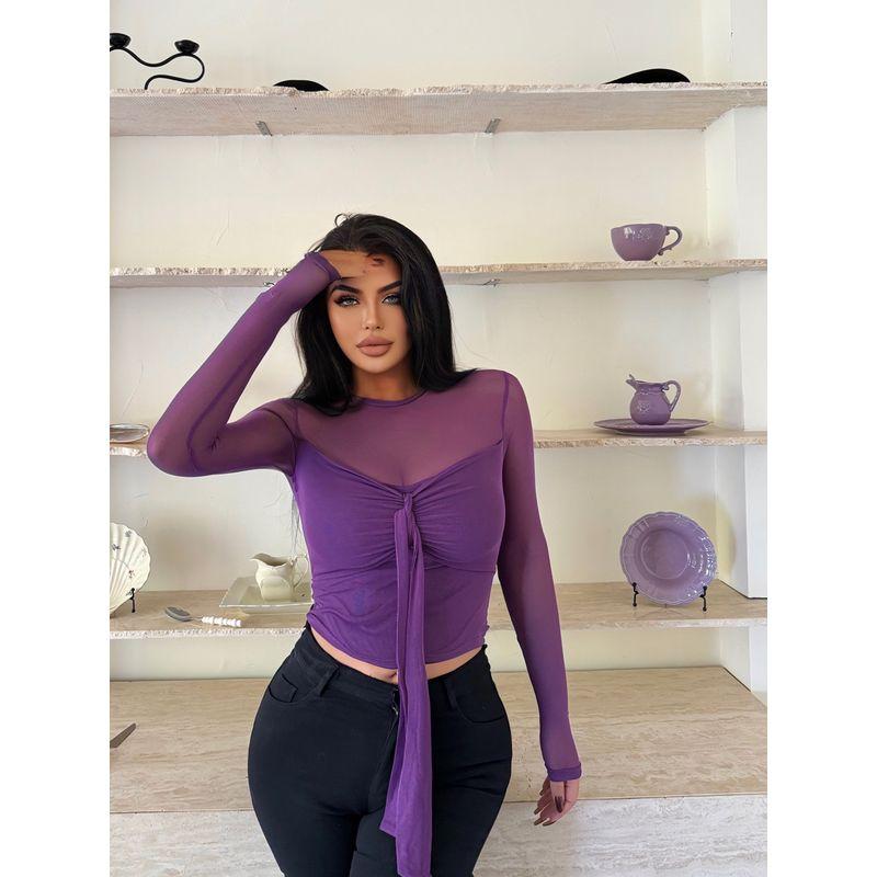 La Pinky [Mesh Temptation] Fashion Stylish Mesh Elastic Stitching Twist Long Sleeves Sexy Top