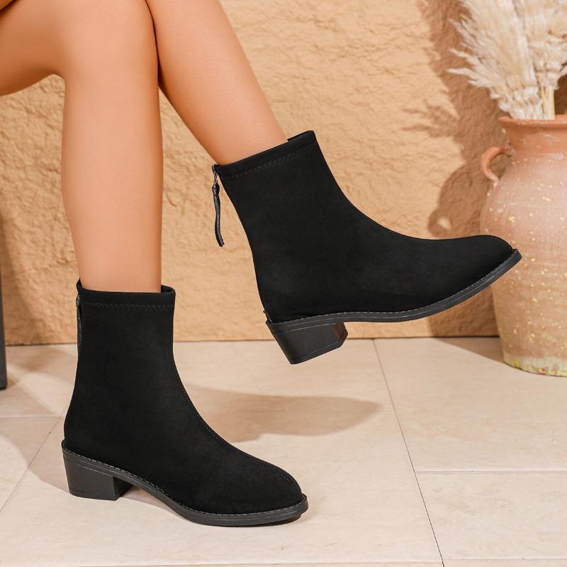 Fashion Fall New Pointed Toe Suede Rear Zip Block Heel Booties Women's Fashion Rear Zip Anti-Slip Wear-Resistant Single Boots