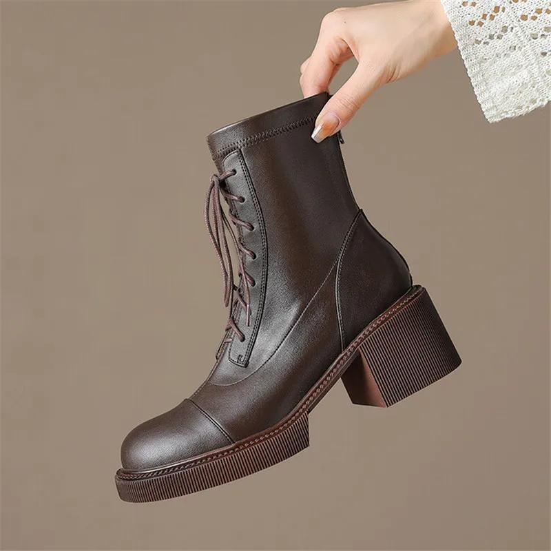 Fashion 2025 Autumn Winter Split Leather Women Boots Round Toe Lace Up Short Boots for Women Chunky Heels Boots Zapatos Mujer High Heels