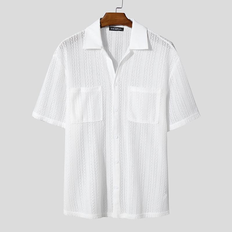 

INCERUN Mens Oversized Short Sleeve Button Down Semi-Sheer Casual Loose Texture Shirts 3XL белый