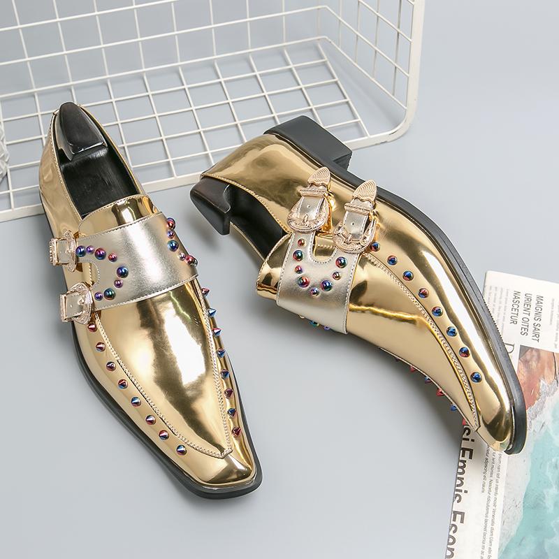 

Мужские повседневные туфли Gentleman Charm с золотыми заклепками, из лакированной кожи с блестками, лоферы на ремешке-монке, свадебная обувь, для выпускного вечера, формальная обувь 38