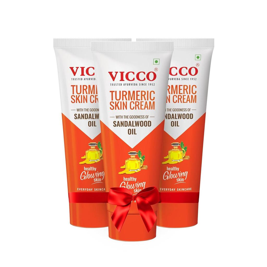 Vicco Turmeric Skin Cream With Sandalwood Oil For Glowing Healthy Skin 100% Natural Ayurvedic Moisturizer For All Skin Types Pack Of 3 15g Each