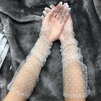 Ultra-dünne lange Tüllhandschuhe Sommer Dehnbare Spitze Vollfinger-Fäustlinge Sonnenschutz Transparente Handschuhe für Damen Mädchen Hochzeit