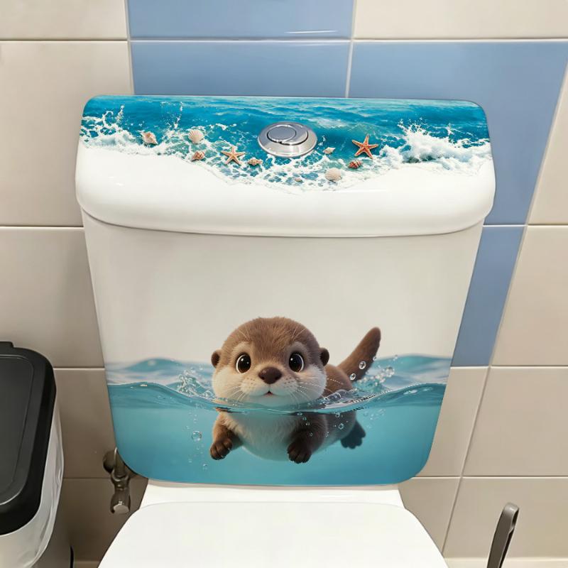 Cute Otter Toilet Tank Sticker No Tool Needed Waterproof Ocean Wave Vinyl Decal for DIY Bathroom Makeover