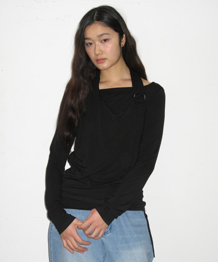 PLACE STUDIO Halter Neck Shirred Strap O-Ring Point Layered Sleeveless T-Shirt Set _3 Colors